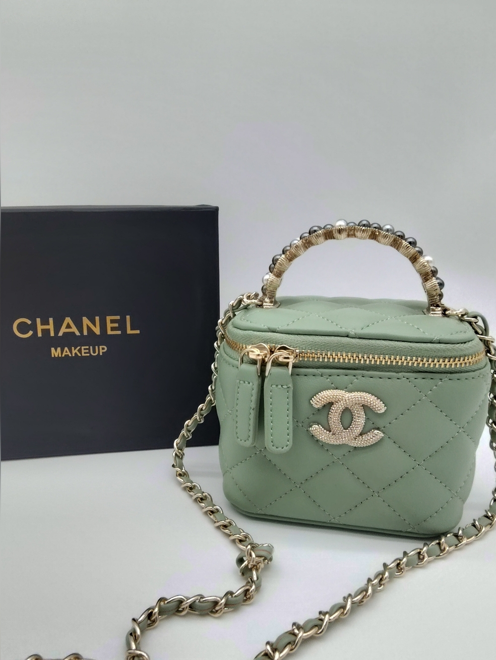 CHANEL Mint Green Vanity Bag Pearl Handle Quilted CC Crossbody Rare NIB GWP